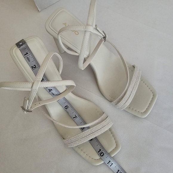 Aldo Square Toe White Pearl Embellished Strappy Heels - Picture 12 of 12